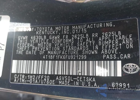 2015 Toyota Camry Le/Se/Xle/Xse z USA, uszkodzony, nr VIN 4T1BF1FK6F4921299
